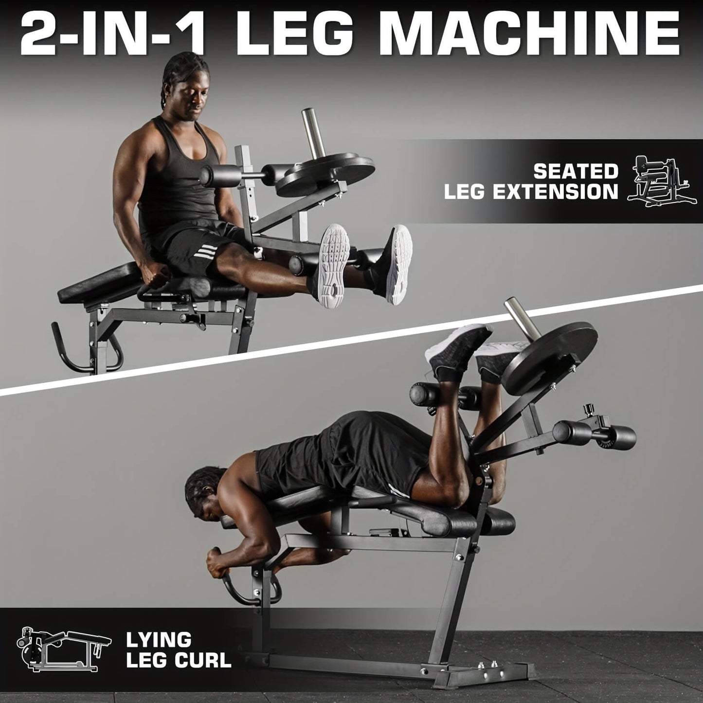 2-in-1 leg machine showing seated leg extension and lying leg curl exercises on a gray background.