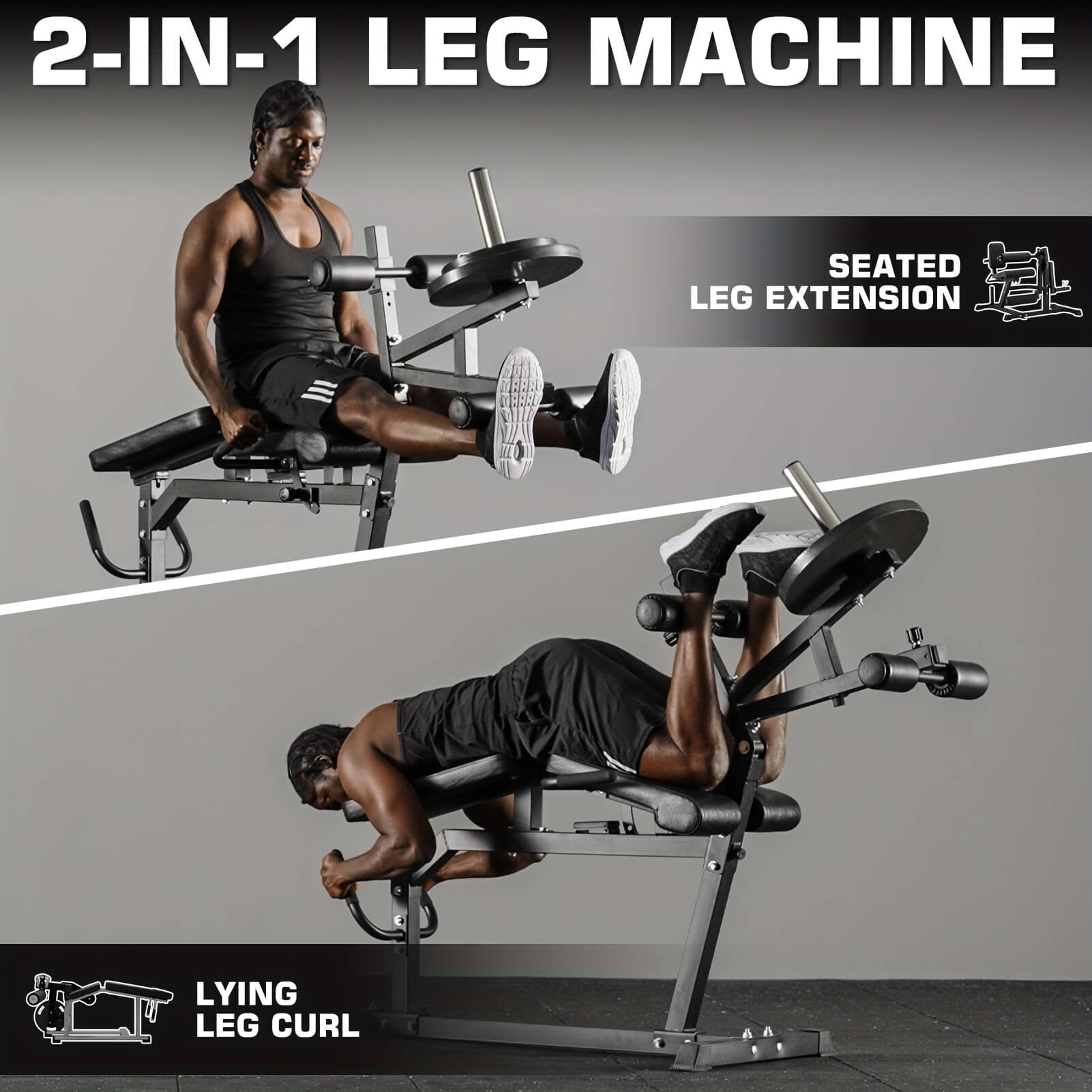 2-in-1 leg machine showing seated leg extension and lying leg curl exercises on a gray background.