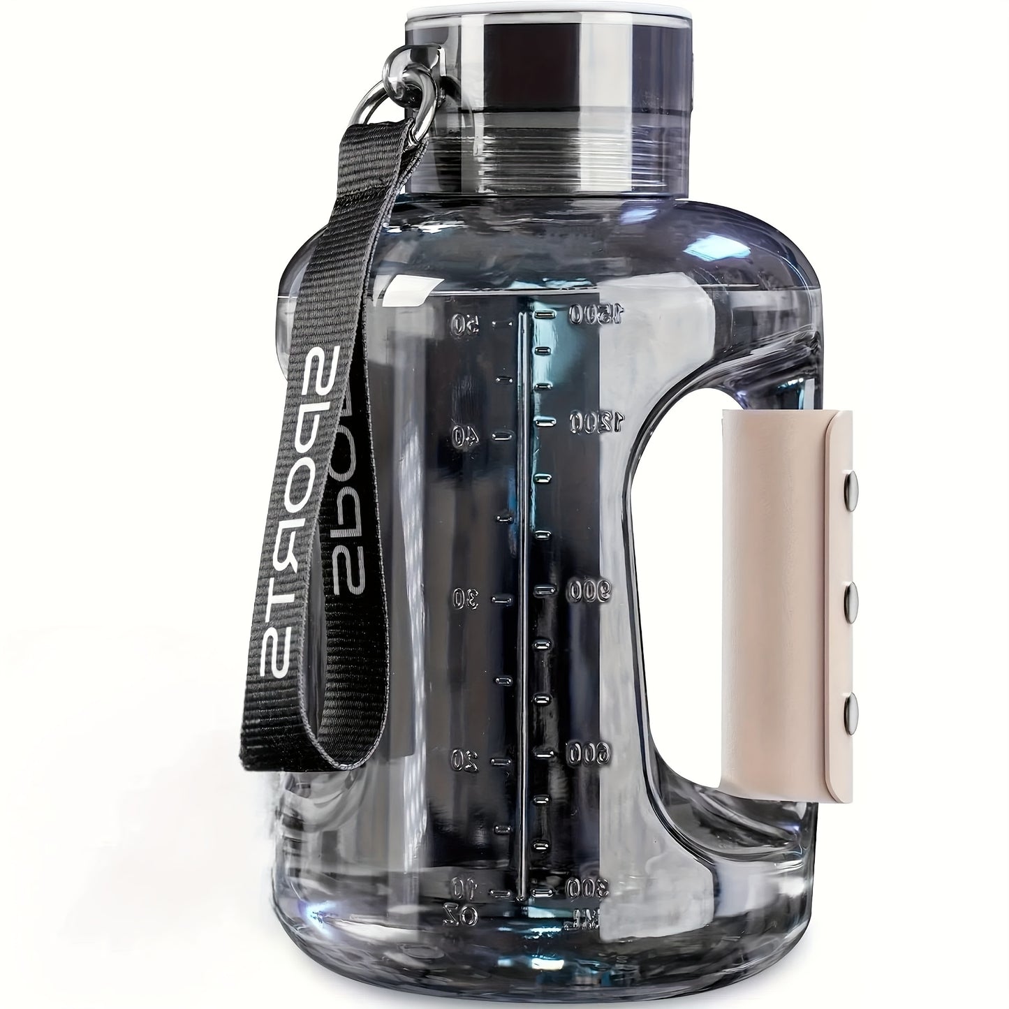 Clear water bottle with handle and measurement markings on a white background