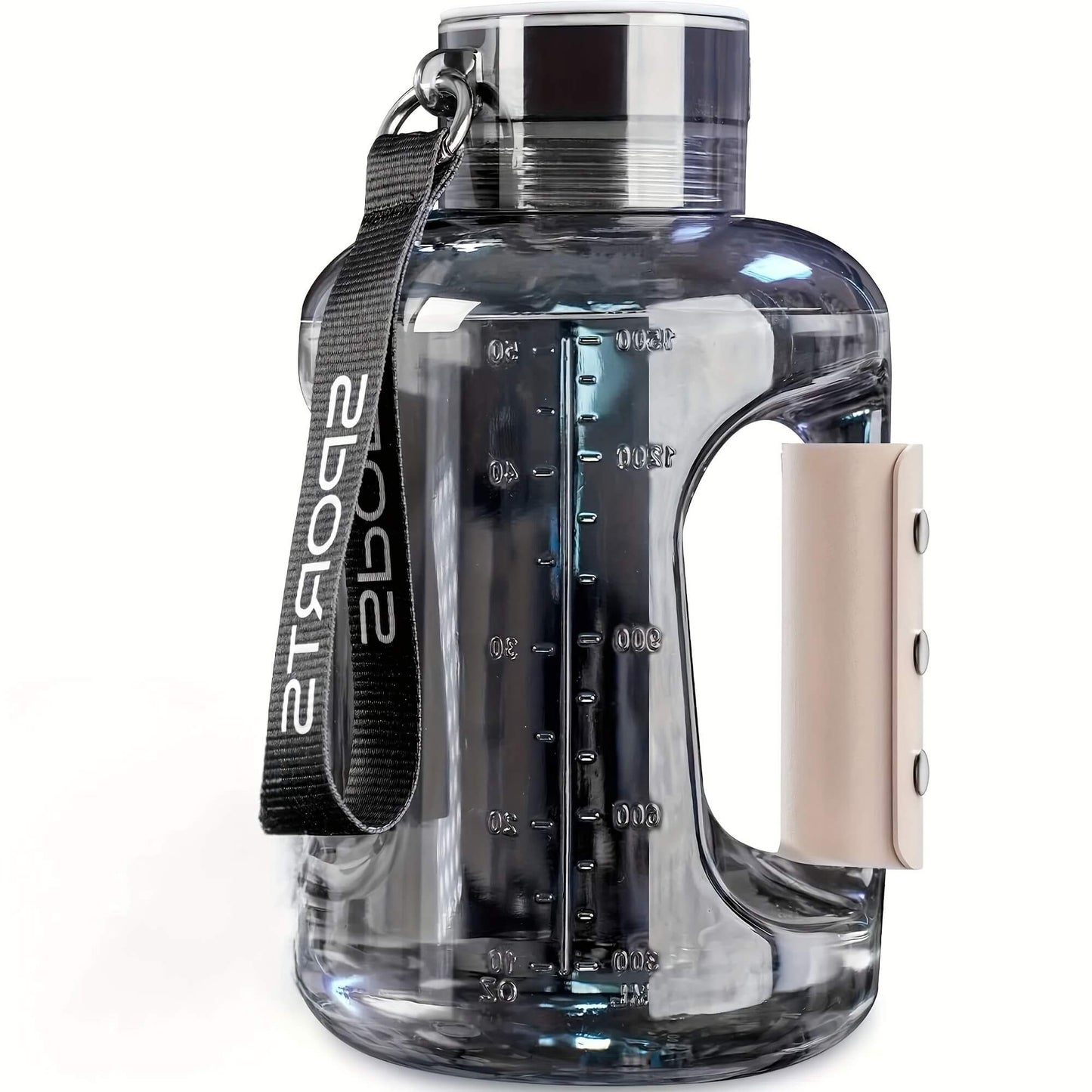 A grey portable hydrogen water bottle with handle and measurement markings on a white background