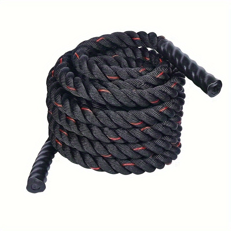 Coiled black exercise battle rope with red accents on a white background