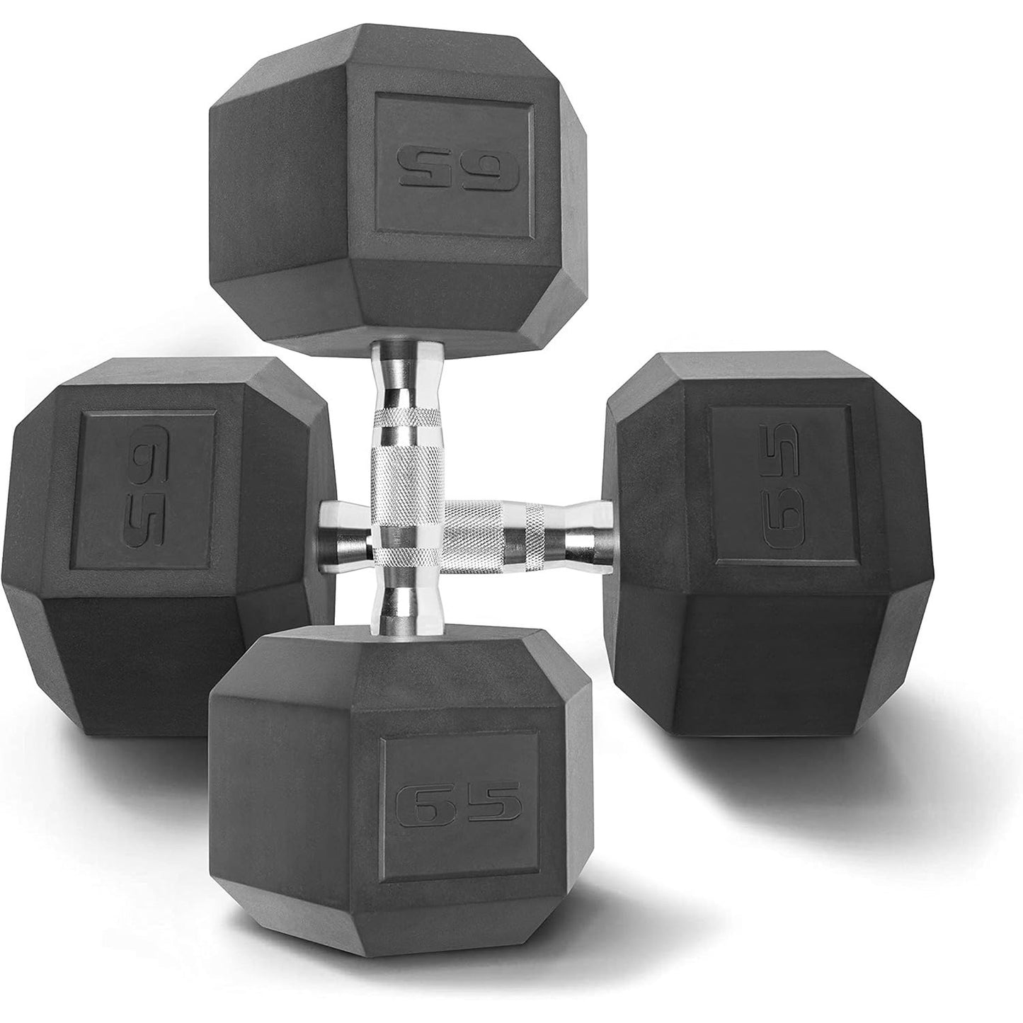 Set of black hexagonal dumbbells with a brand logo on a white background