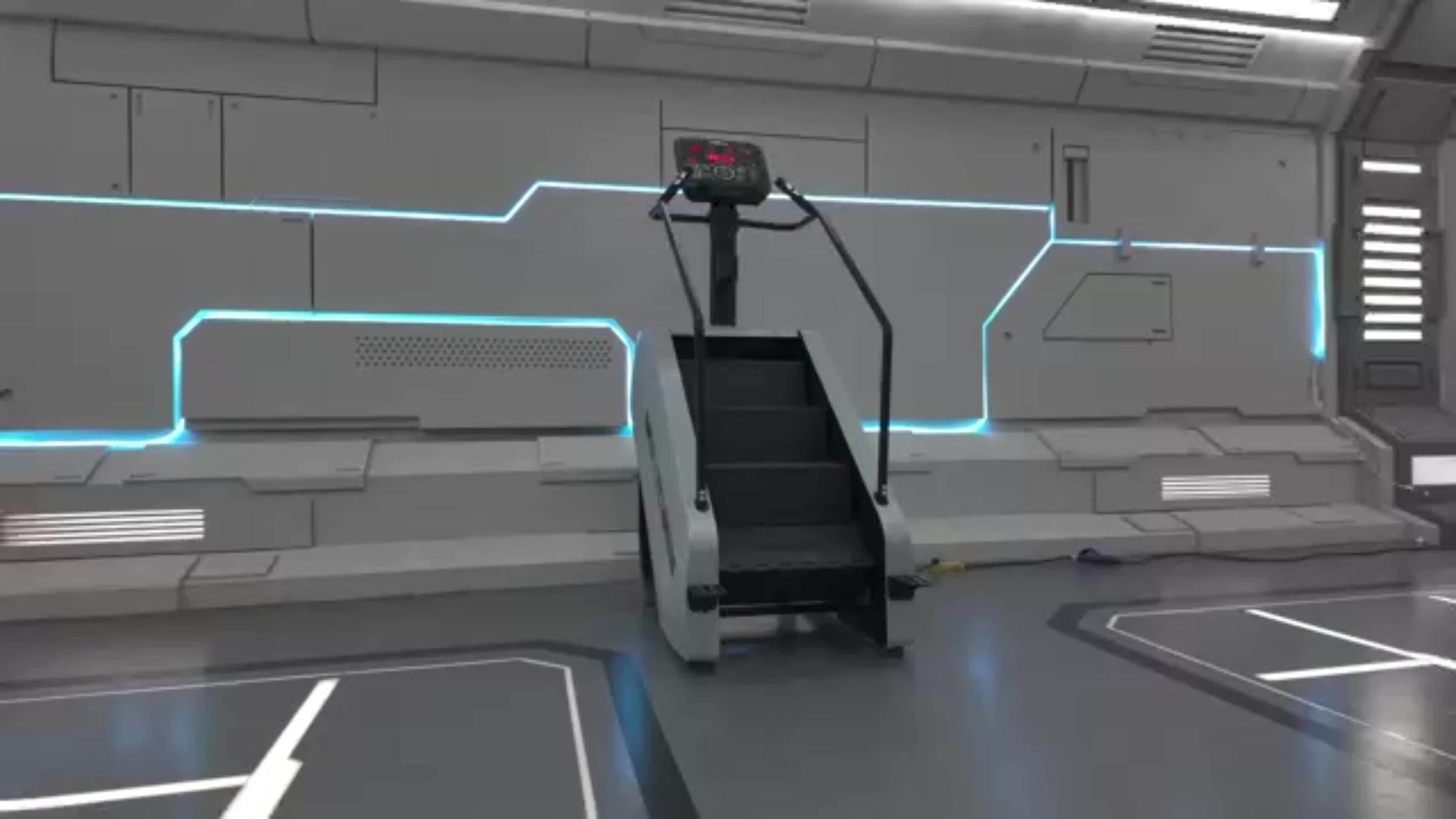 Stair limber machine in a futuristic indoor setting with gray walls and blue neon lights.