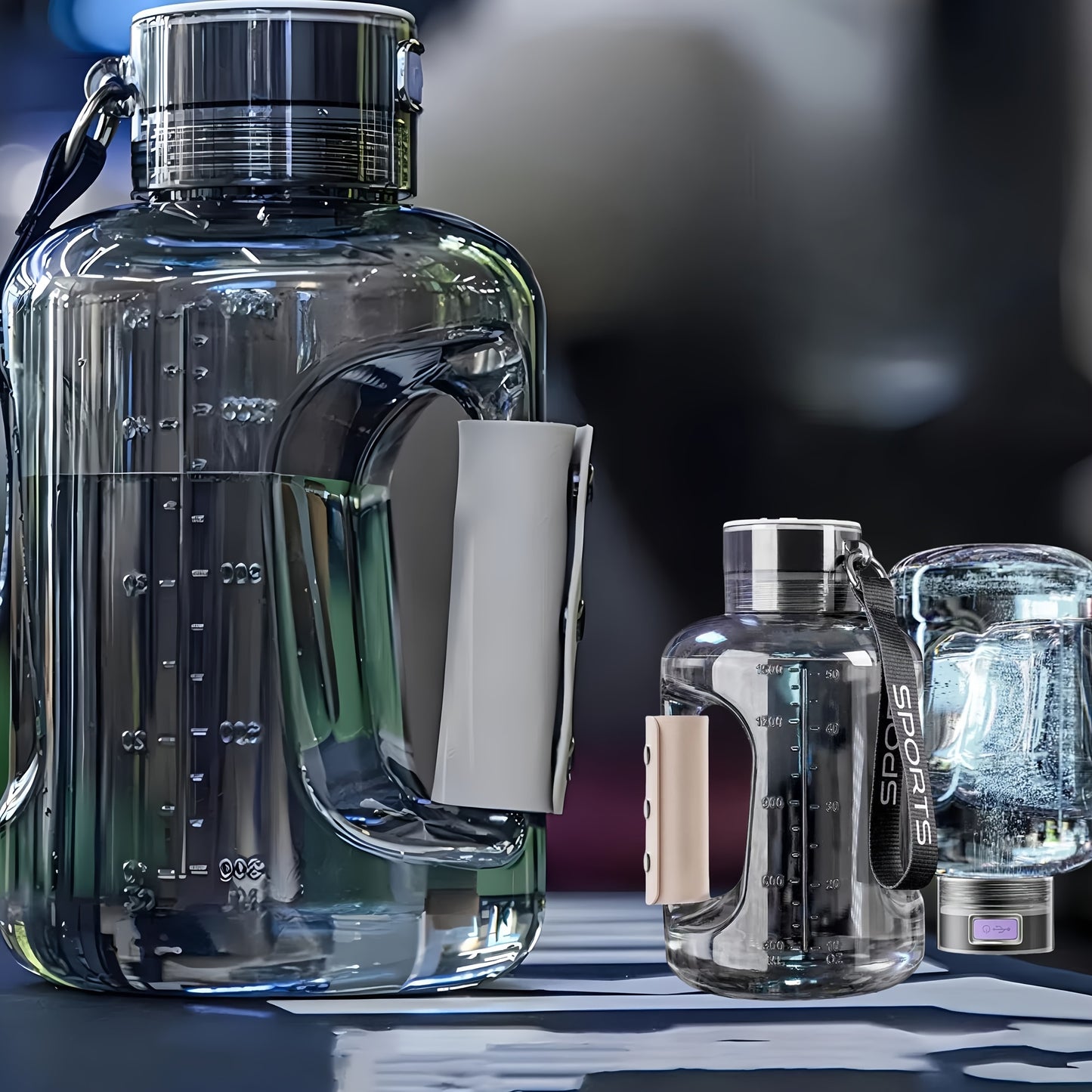 Three transparent water bottles with measurement markings on a dark background