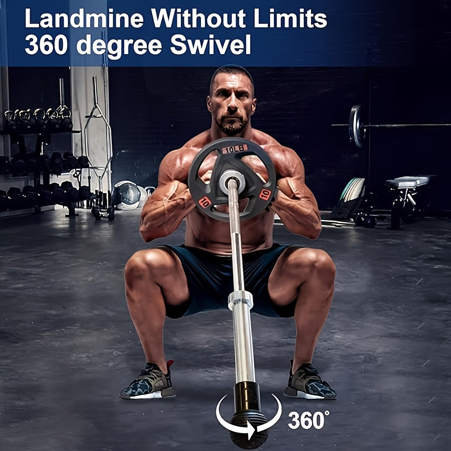 Man lifting a barbell with a 360-degree Landmine Attachment for Barbell feature in a gym setting.