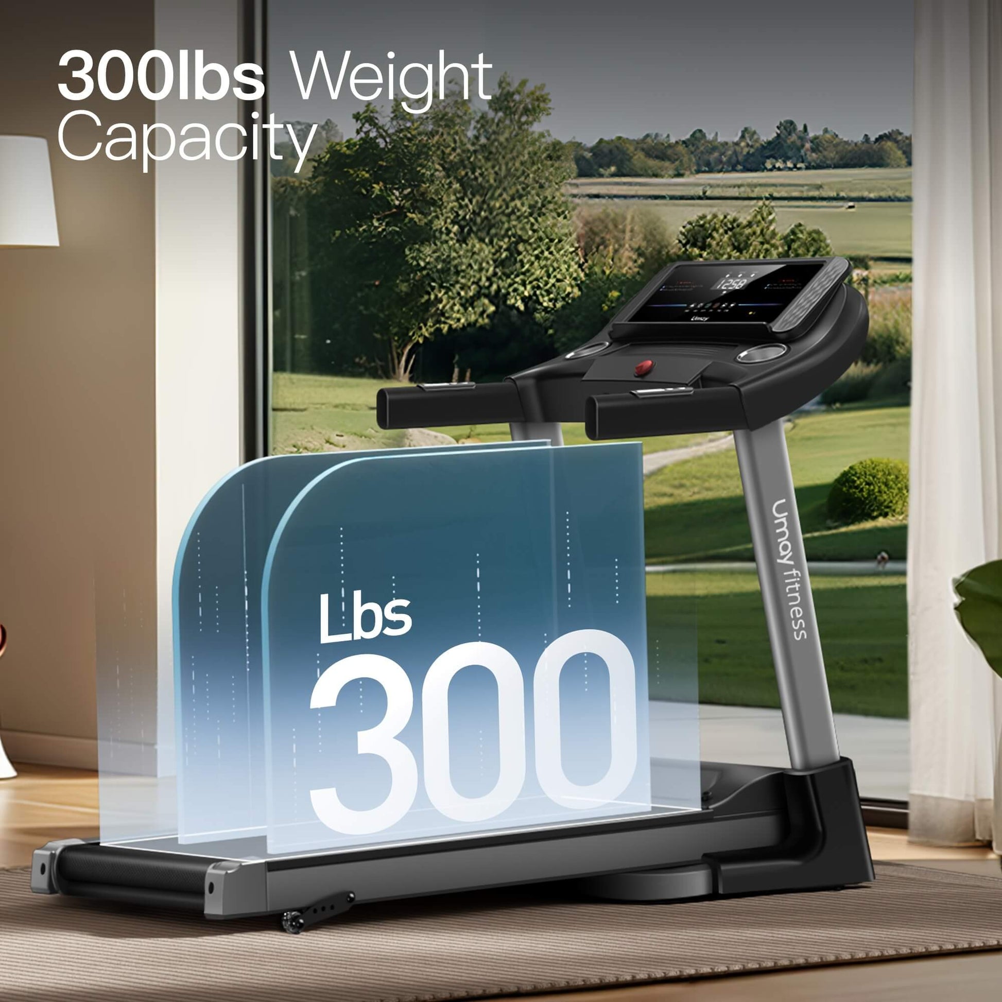 Umay treadmill with 300 lbs weight capacity display in a home setting
