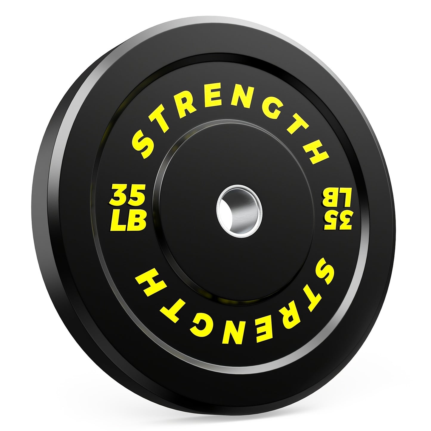 Black weight plate with yellow text on a white background