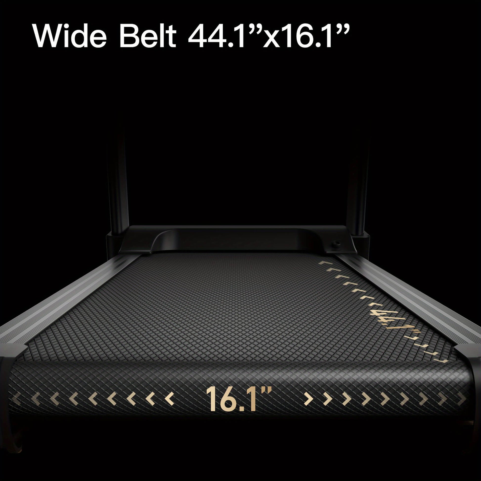 Umay treadmill with a wide belt measurement of 44.1" x 16.1" on a black background.