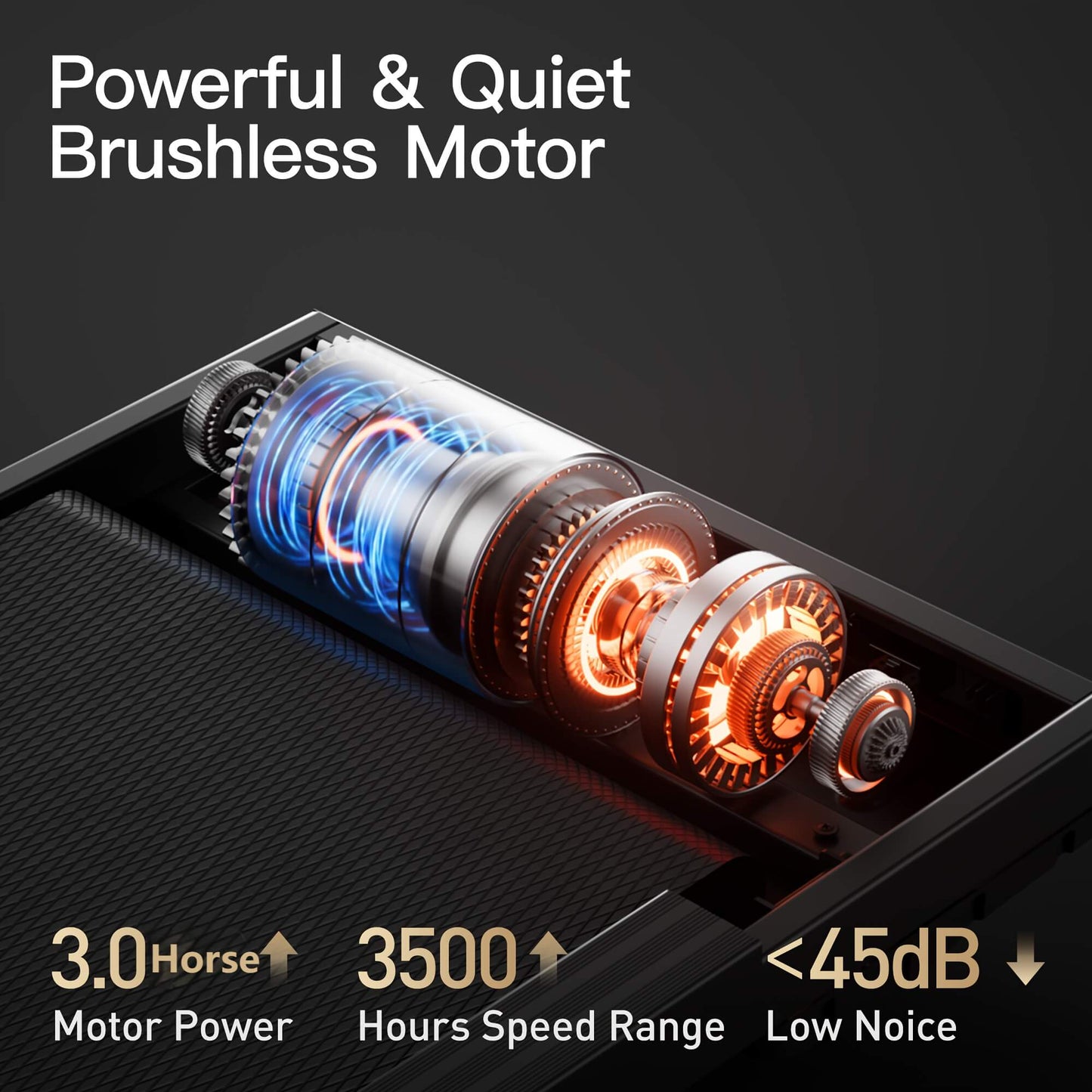The Umay treadmill brushless motor with glowing components on a dark background, featuring text about power and noise level.