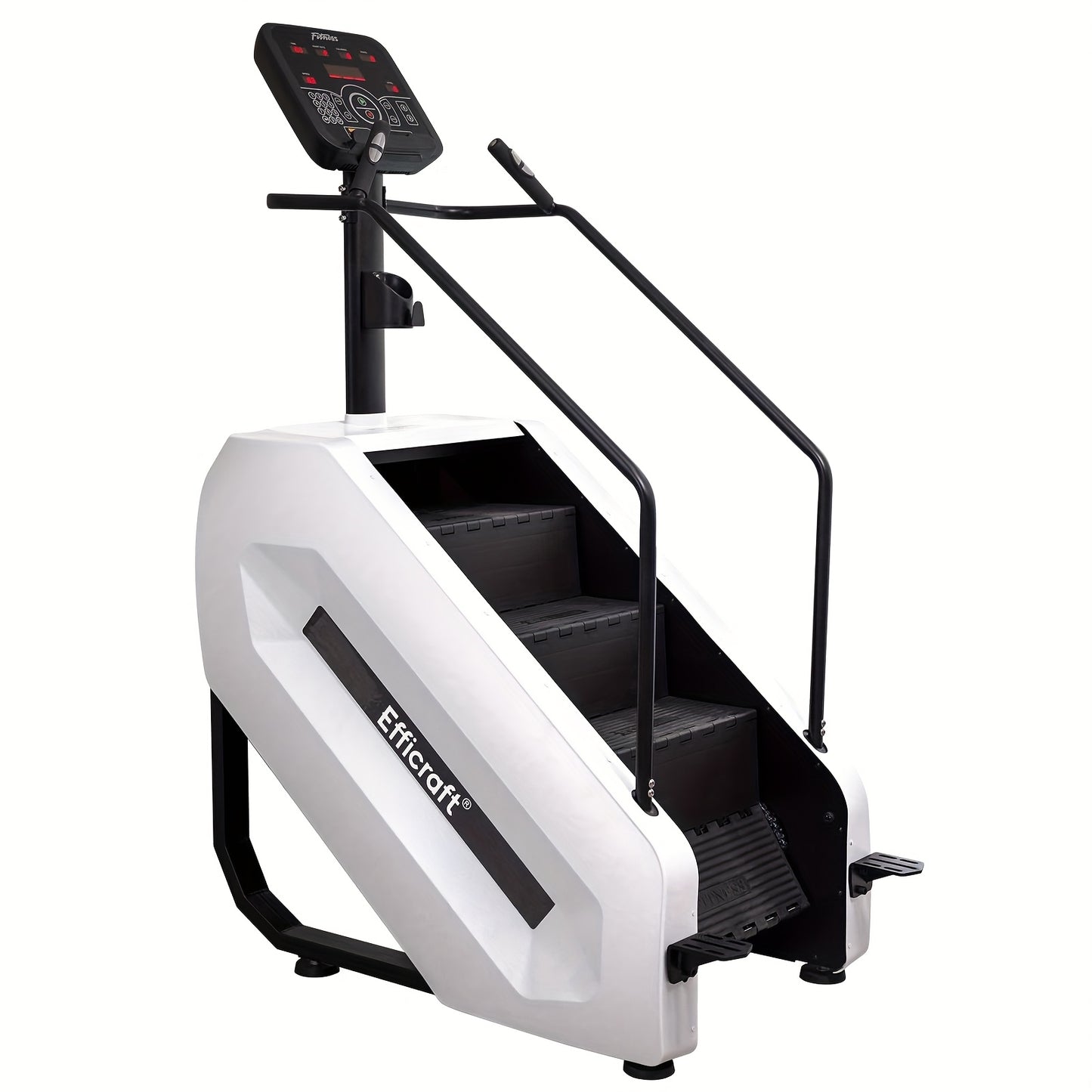 White and black stair limber machine with digital display on a white background