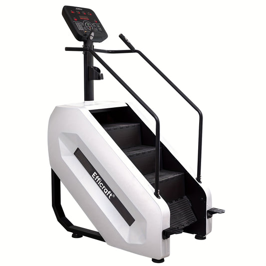 White and black stair limber machine with digital display on a white background