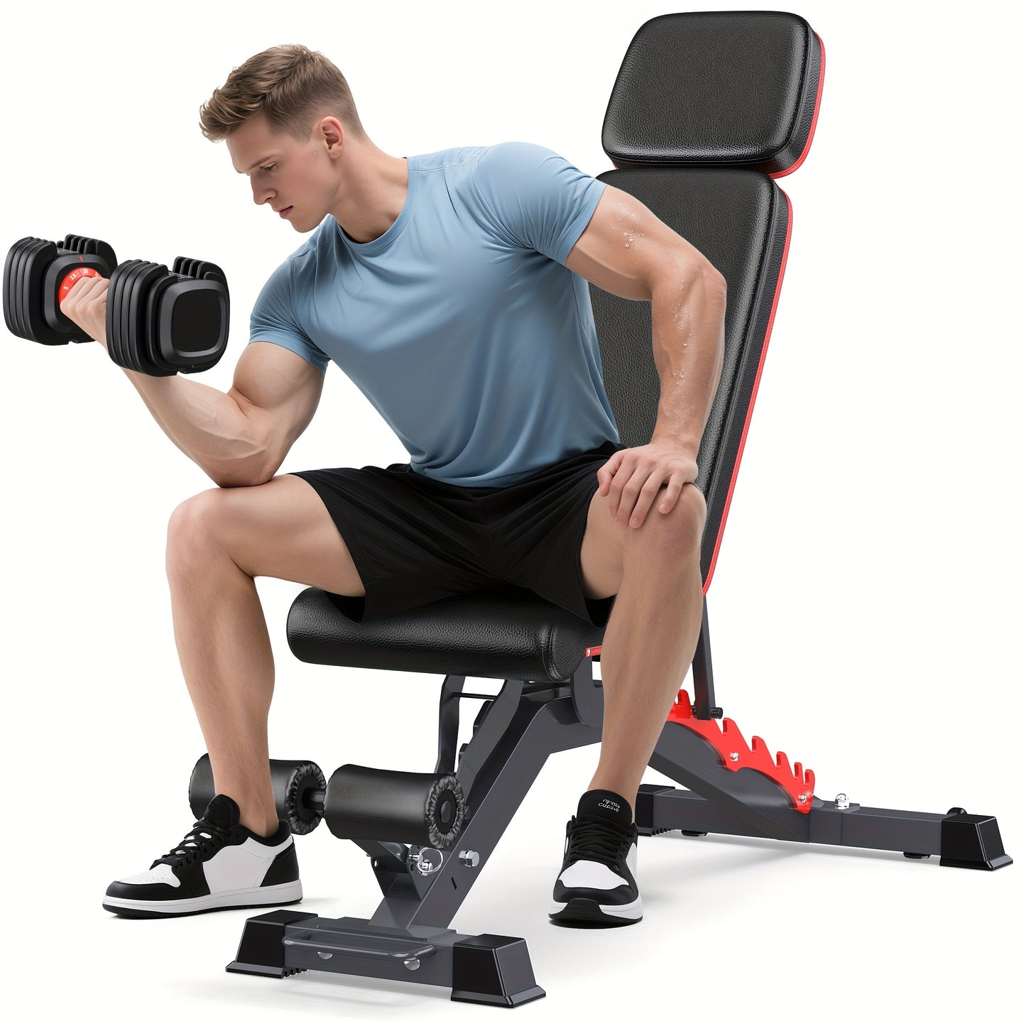 Man exercising with dumbbells on a weight bench against a white background