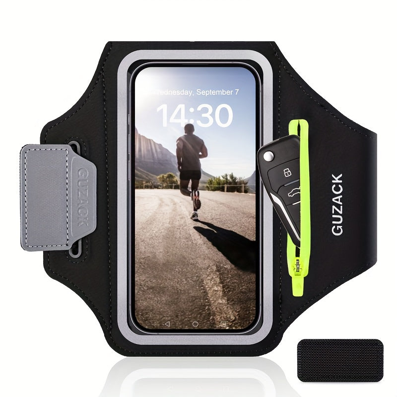 Black phone holder for running​ with smartphone display, keychain, and GUZACK branding on a white background.