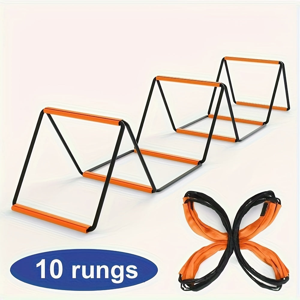 Two orange and black hurdle sets with a blue label indicating '10 rungs' on a white background.