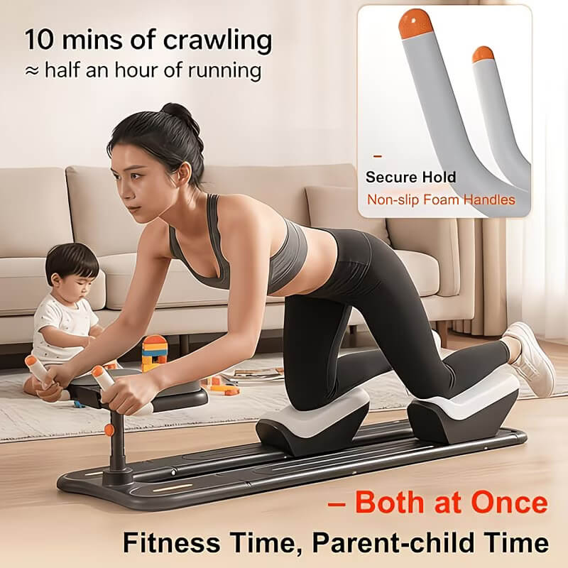 A woman working out with a crawl & spine twist and stretch trainer