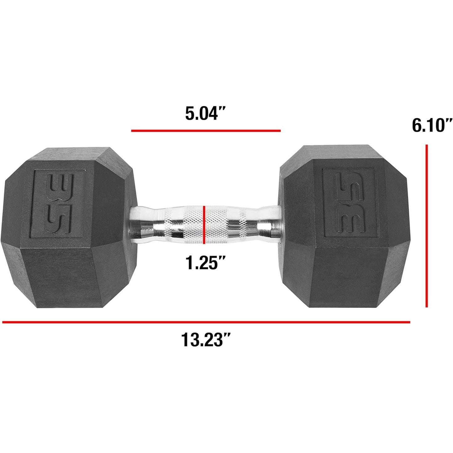 Hexagonal dumbbell with measurements on a white background