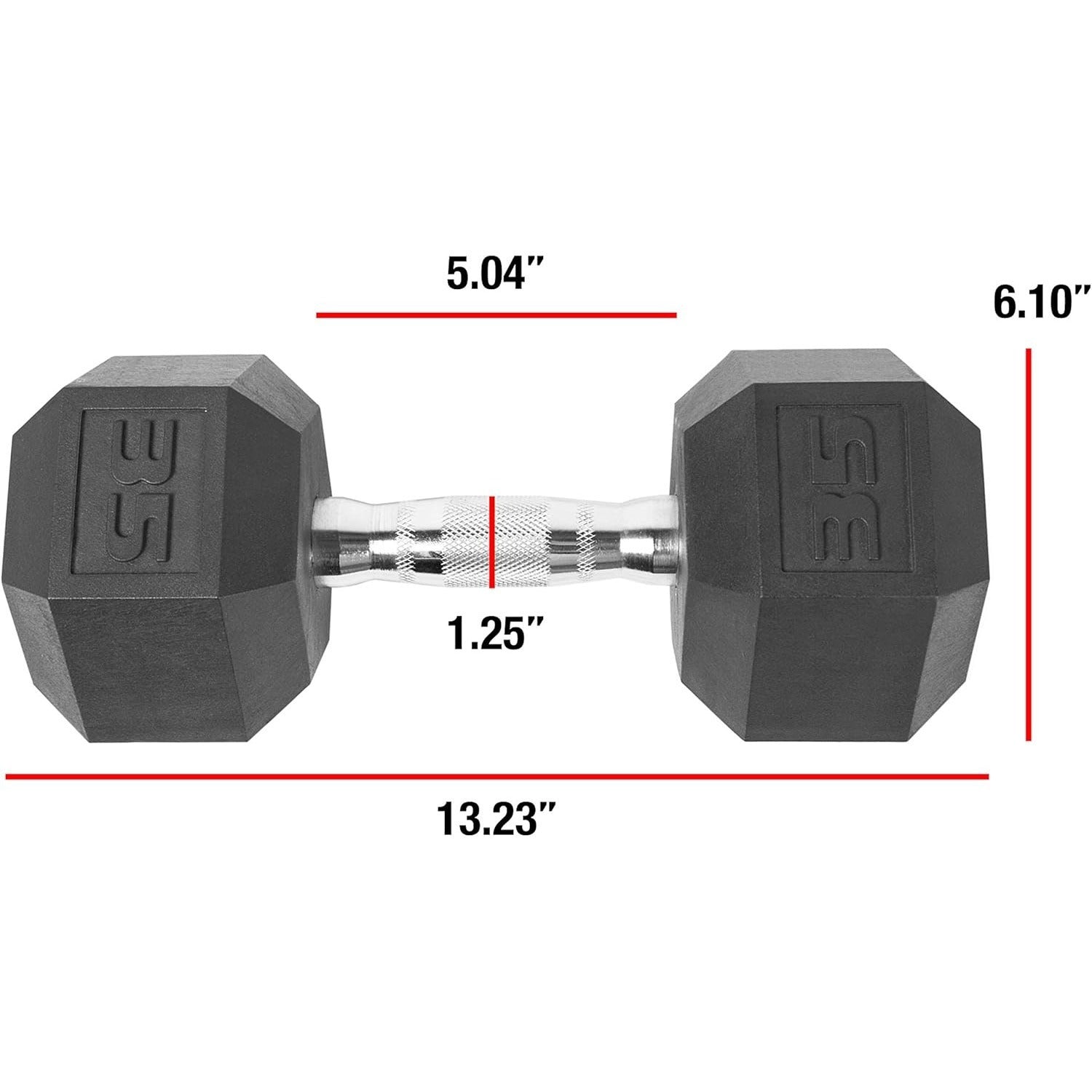 Hexagonal dumbbell with measurements on a white background