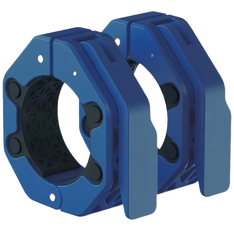 Two blue barbell clamps on a white background