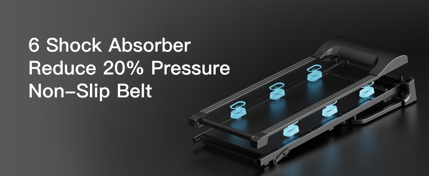 Black shock absorber for Umay treadmill with blue accents on a dark background, featuring text about pressure reduction.