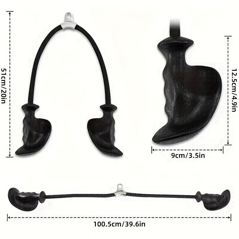 Measurement chart of a black tricep rope attachment with dimensions labeled.