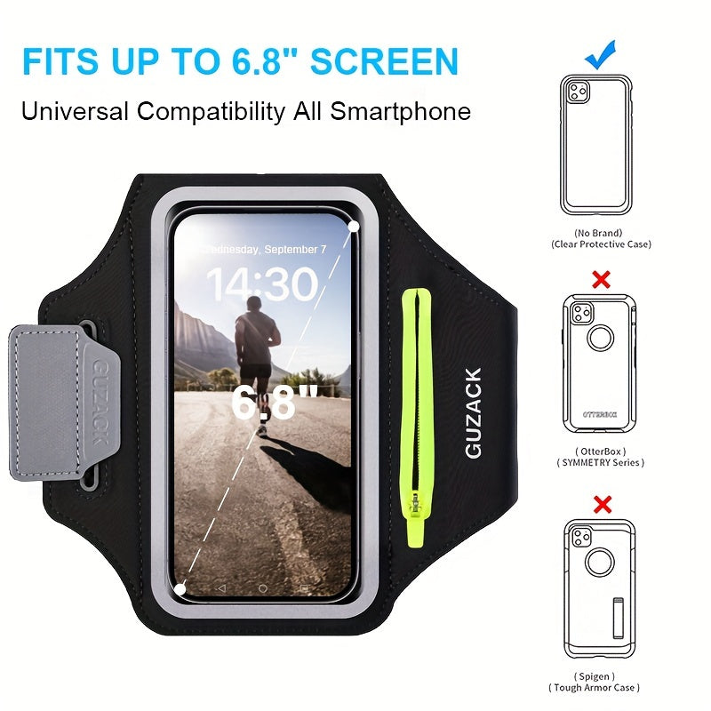Black phone holder for running​ with smartphone display, featuring GUZACK branding and compatibility information.