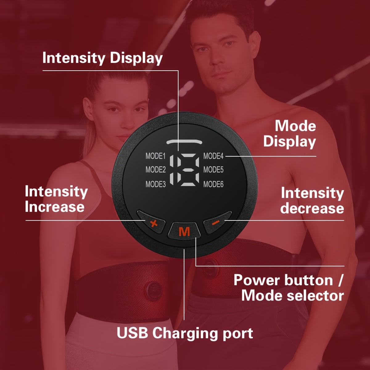 Control panel with labeled features on a blurred background of people exercising.