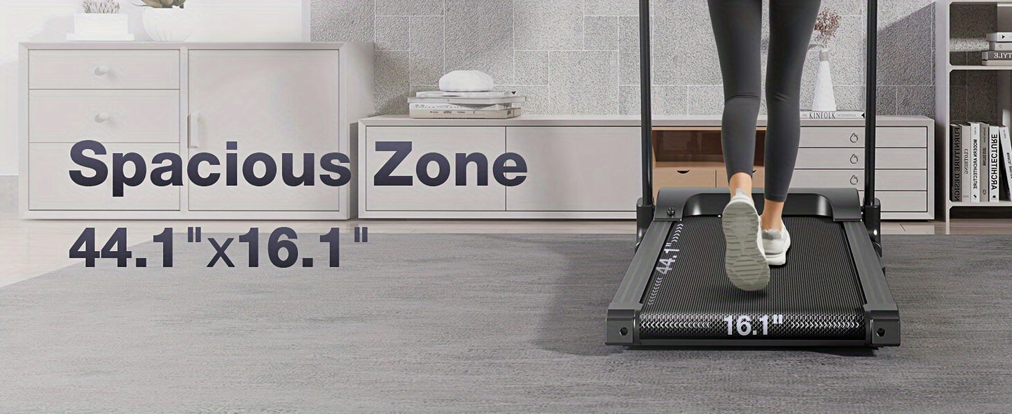Umay treadmill with a person using it, showing a spacious zone measurement of 44.1" x 16.1".