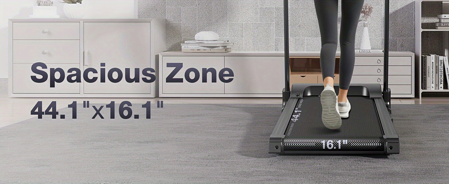 Umay treadmill with a person using it, showing a spacious zone measurement of 44.1" x 16.1".