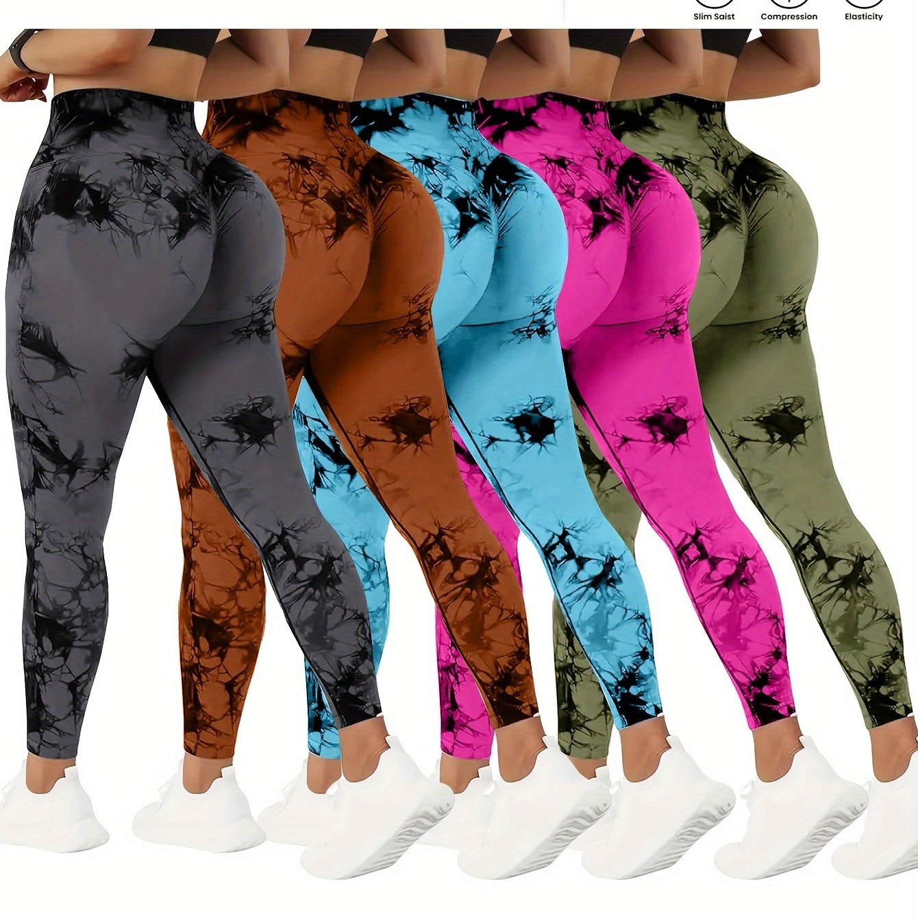 Women wearing different colors of high waisted yoga leggings sold by 100 Spartans