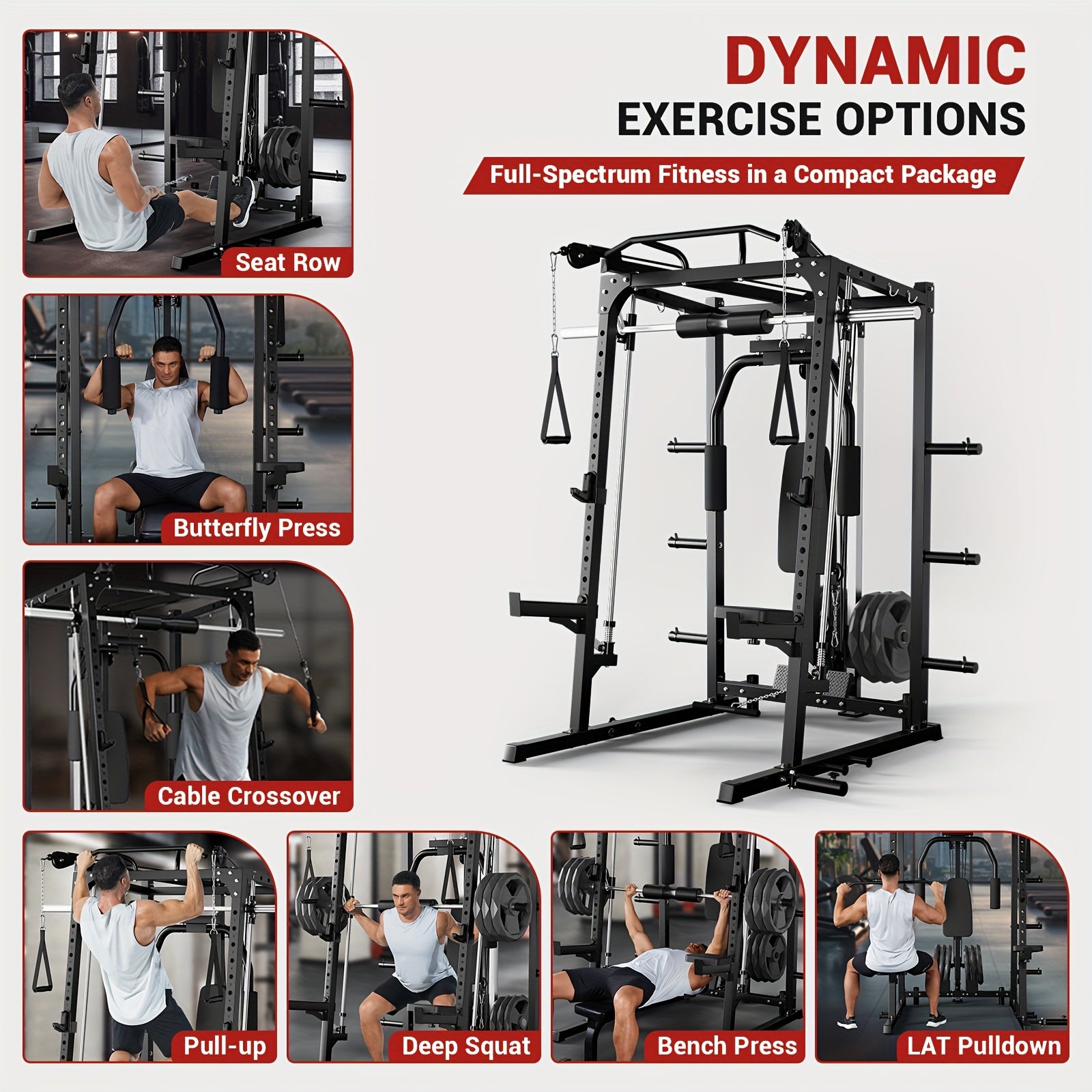 Smith machine with dynamic exercise options and a compact design.