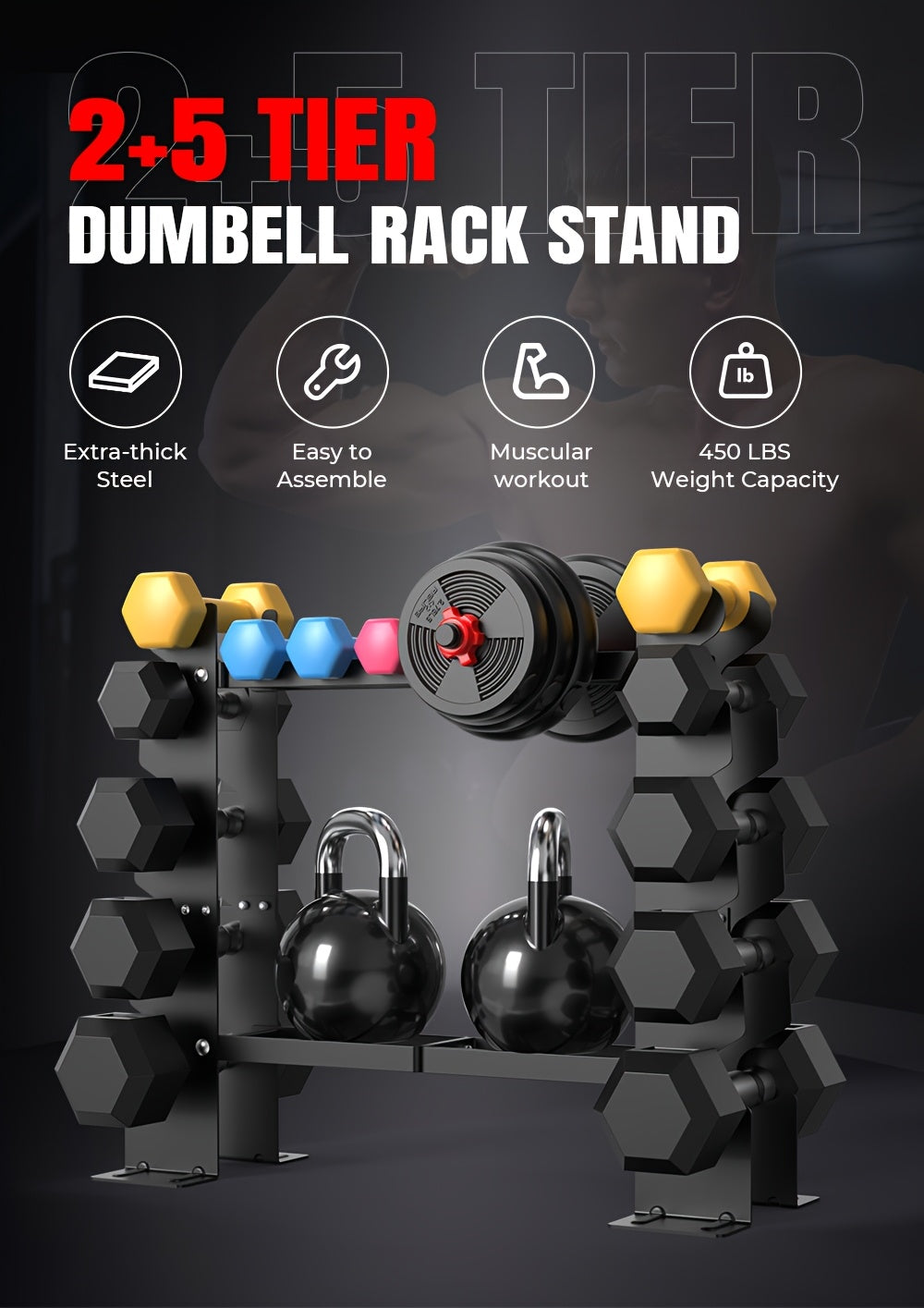 2+5 Tier Dumbbell Rack Stand with kettlebells on a dark background