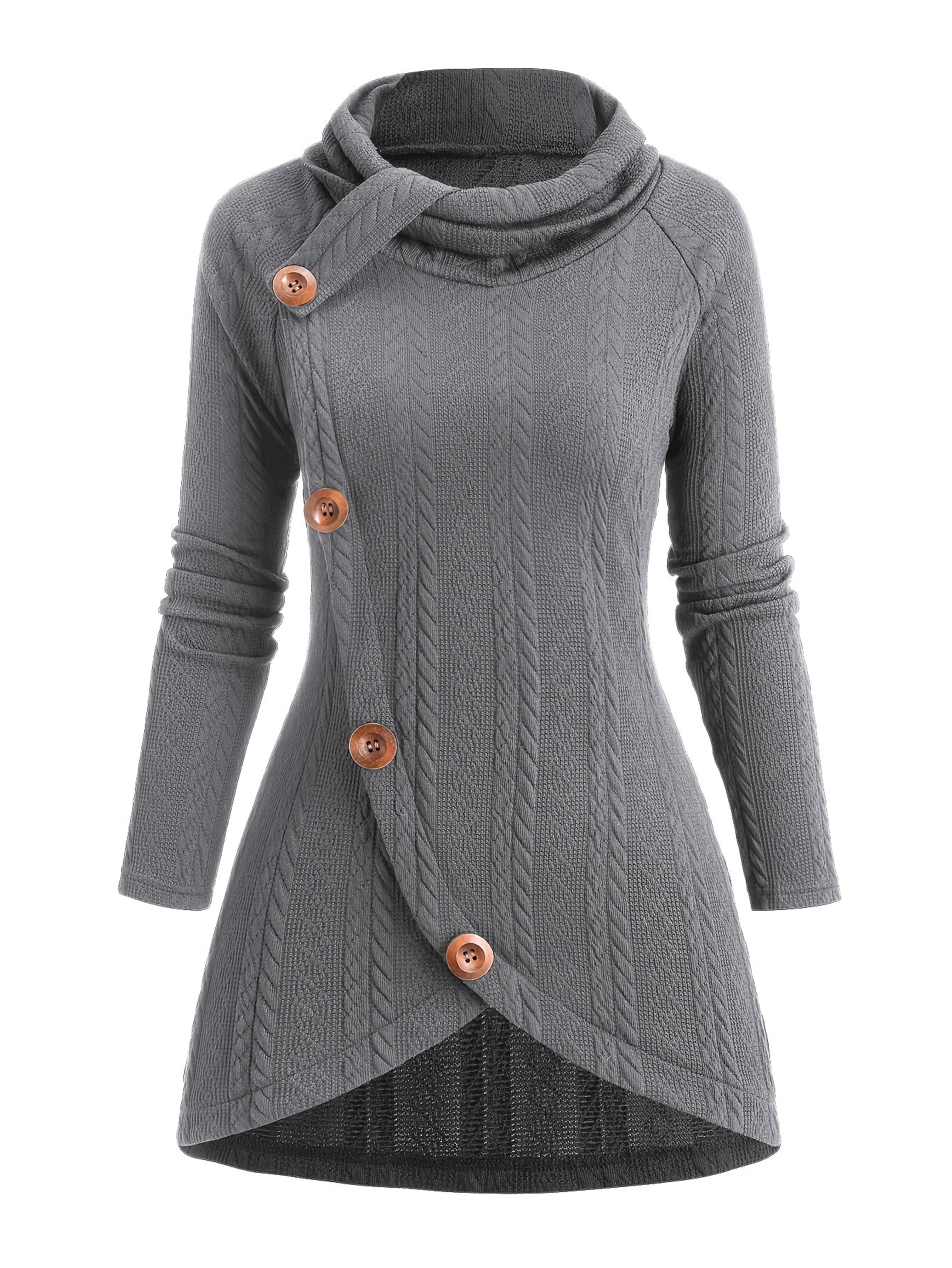 The front view of a grey women's cable knit cardigan sold by 100 spartans