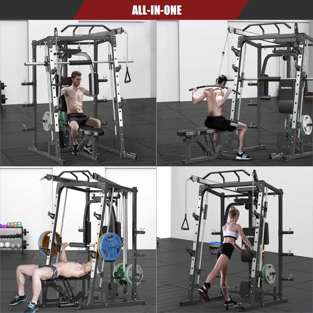 All in one smith machineGym equipment with multiple angles showing a person using it.