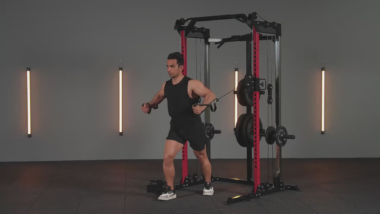 A man working out with an all in one smith machine sold by 100 Spartans