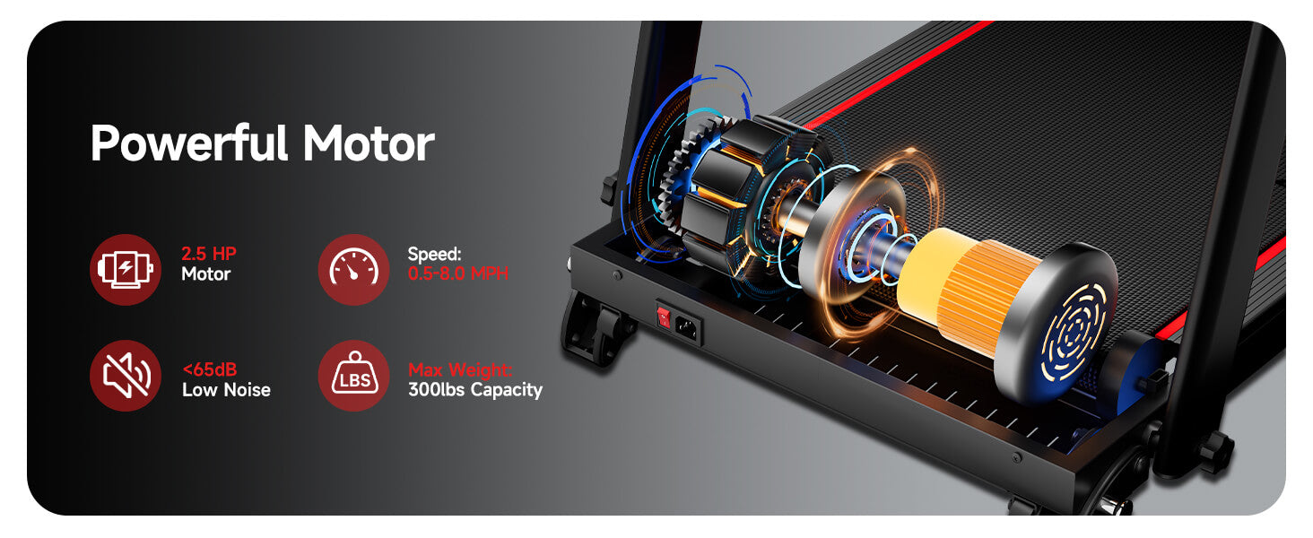 Detailed view of a powerful motor of a rhythm fun under desk treadmill with specifications on a dark background