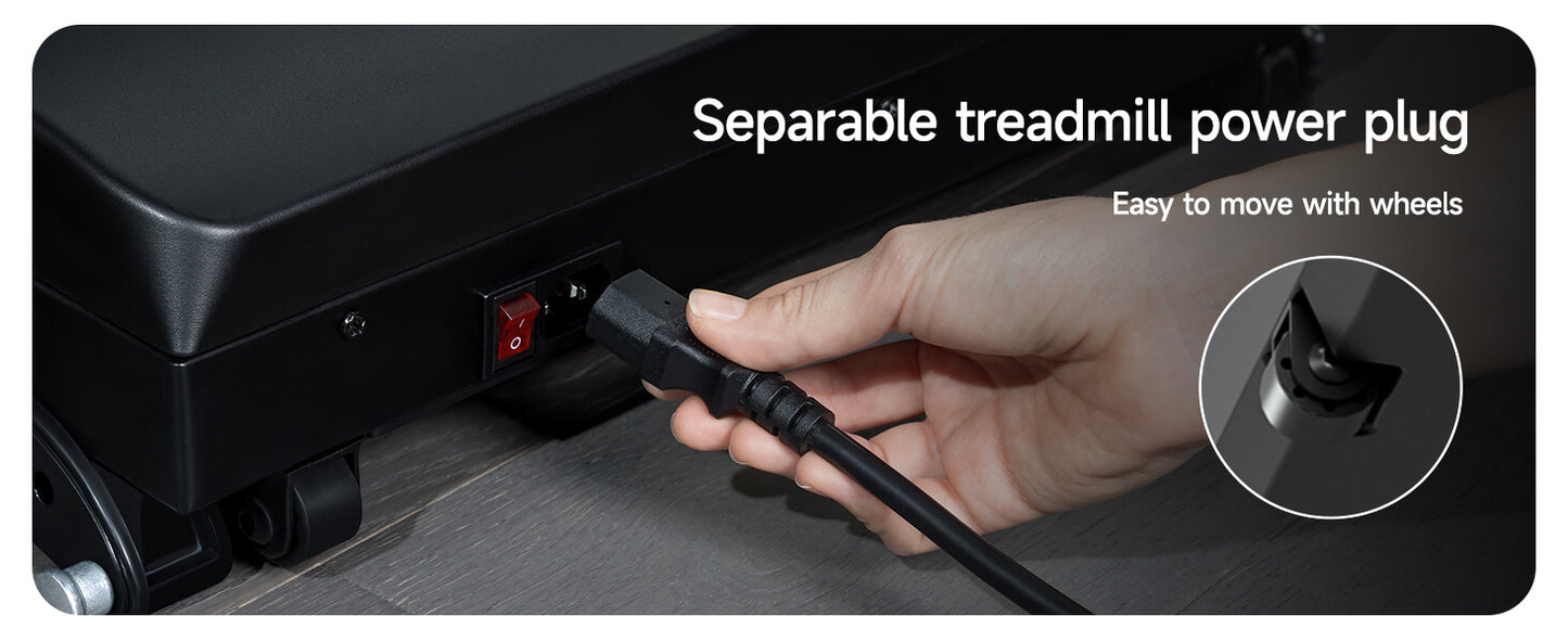 A rhythm fun under desk treadmill with a separable power plug being plugged in, highlighting ease of movement.