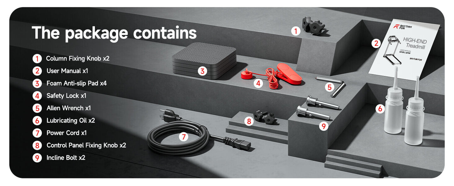 Product packaging with components of a rhythm fun under desk treadmill listed and displayed on a gray surface