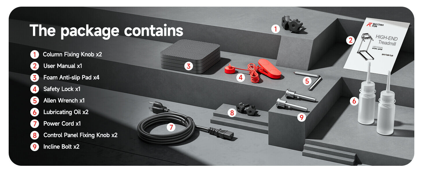Product packaging with components of a rhythm fun under desk treadmill listed and displayed on a gray surface