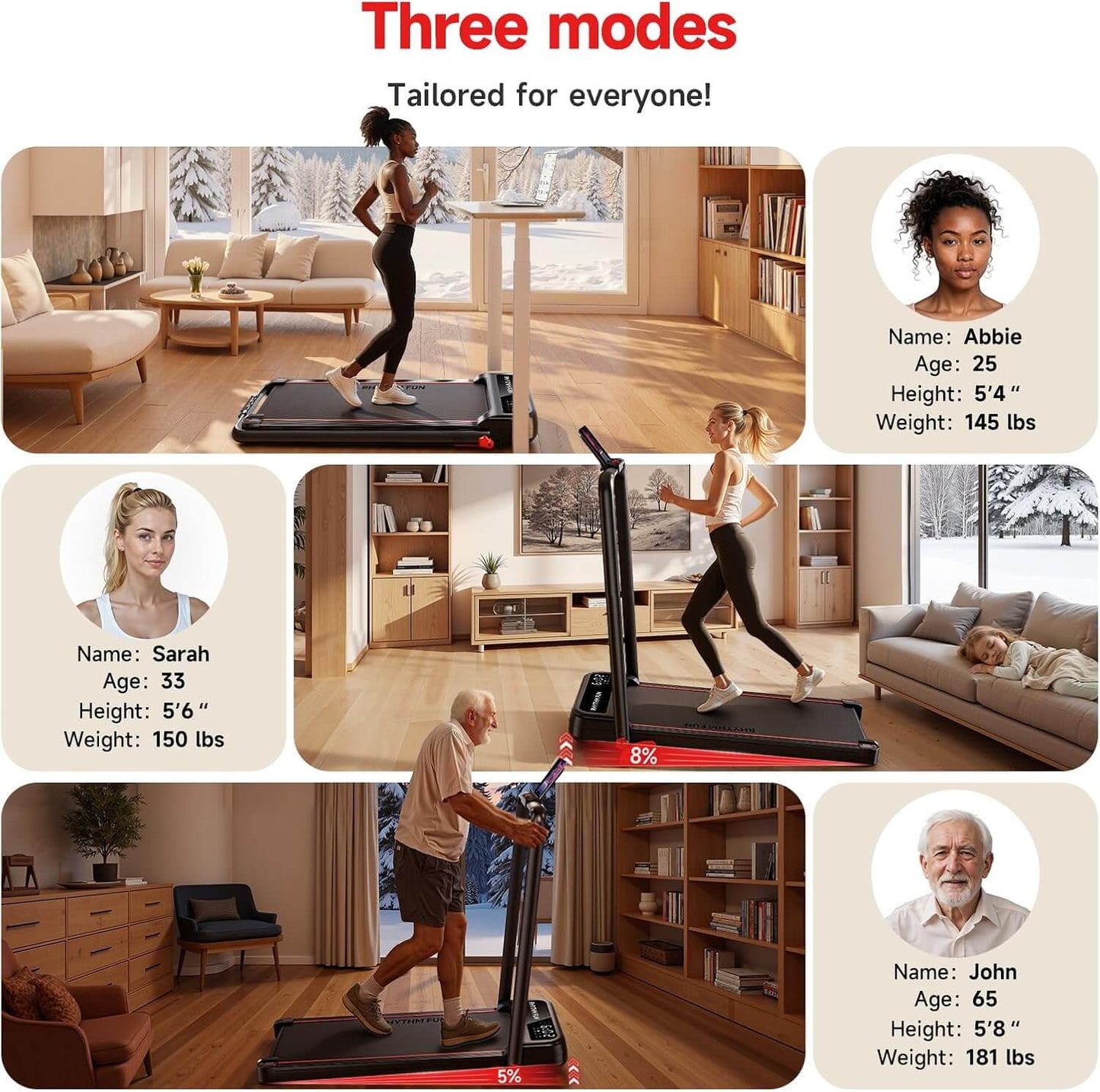Three modes of a rhythm fun under desk treadmill with people using it in different settings, including a living room and a bedroom.