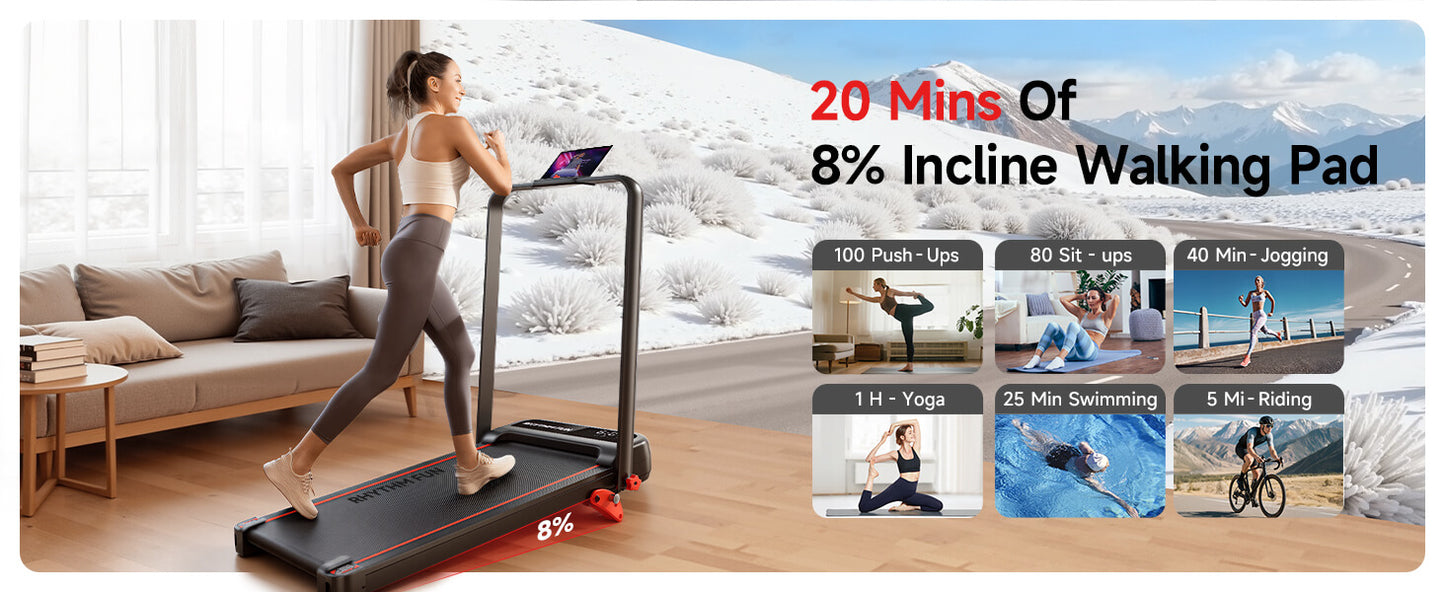 Woman using a rhythm fun under desk treadmill with an incline pad, showing fitness activities on a screen.