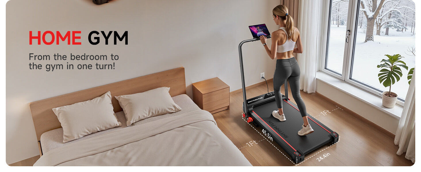 Woman using a rhythm fun under desk treadmill in a bedroom with 'Home Gym' branding.