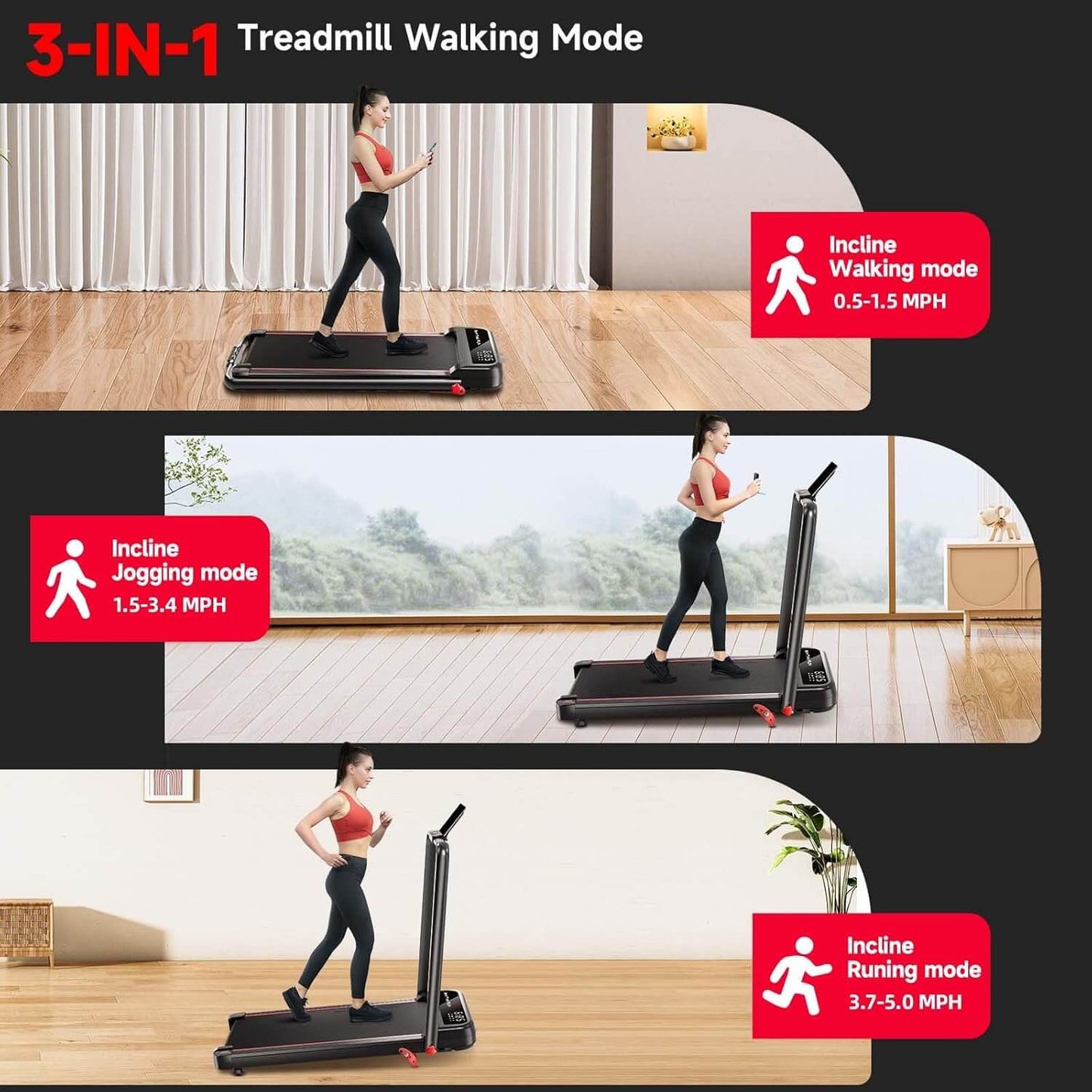 rhythm fun under desk treadmill with 3-in-1 walking mode features displayed on a screen.