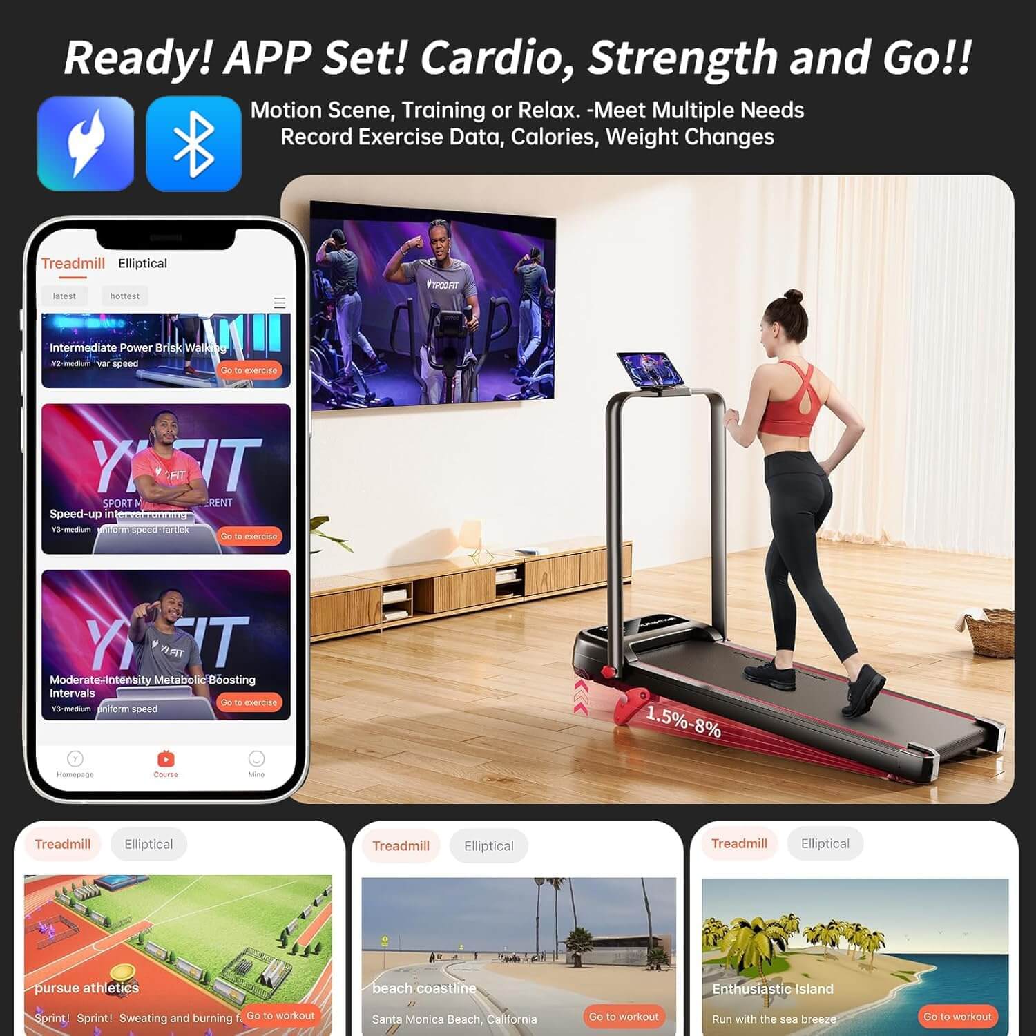 Woman using a rhythm fun under desk treadmill with an app interface displayed on a phone, showing various exercise options.