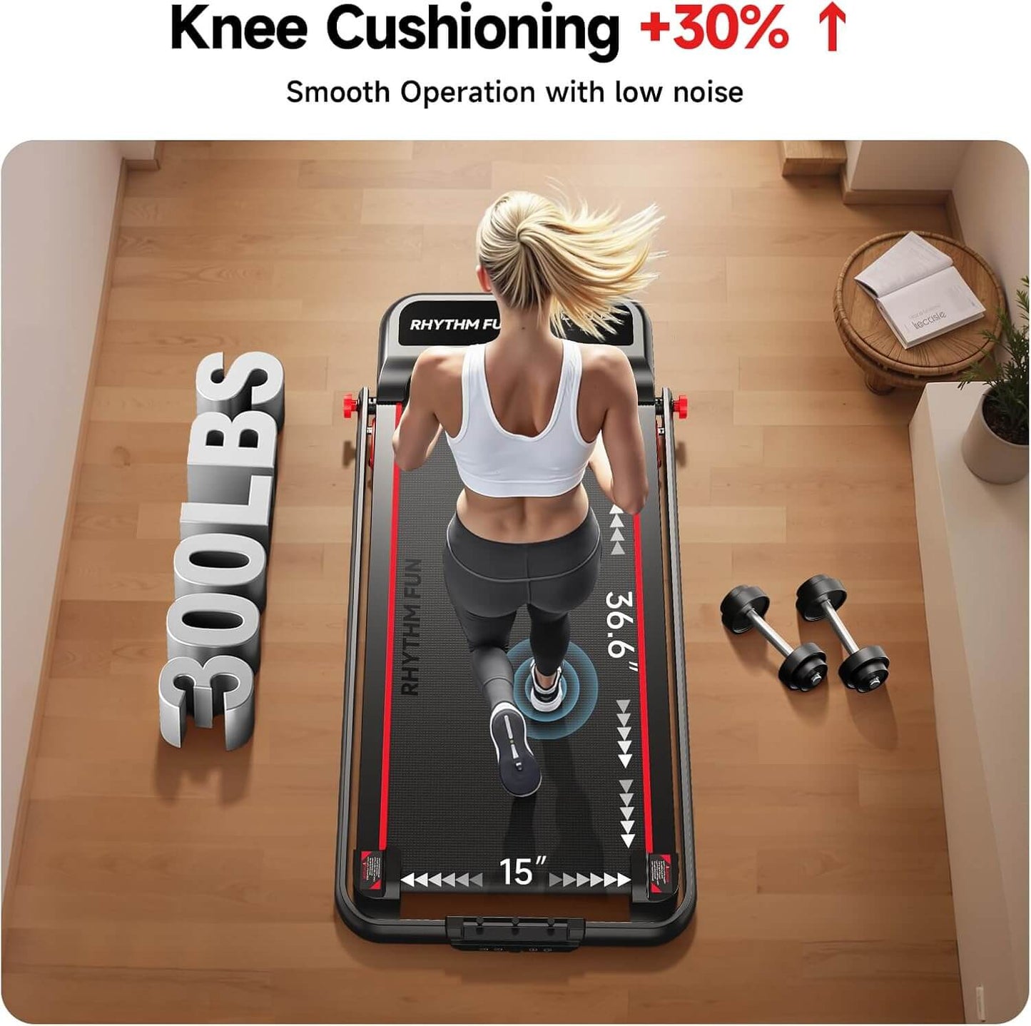 Woman using a rhythm fun under desk treadmill with text highlighting the dimensions and weight capacity on a wooden floor.