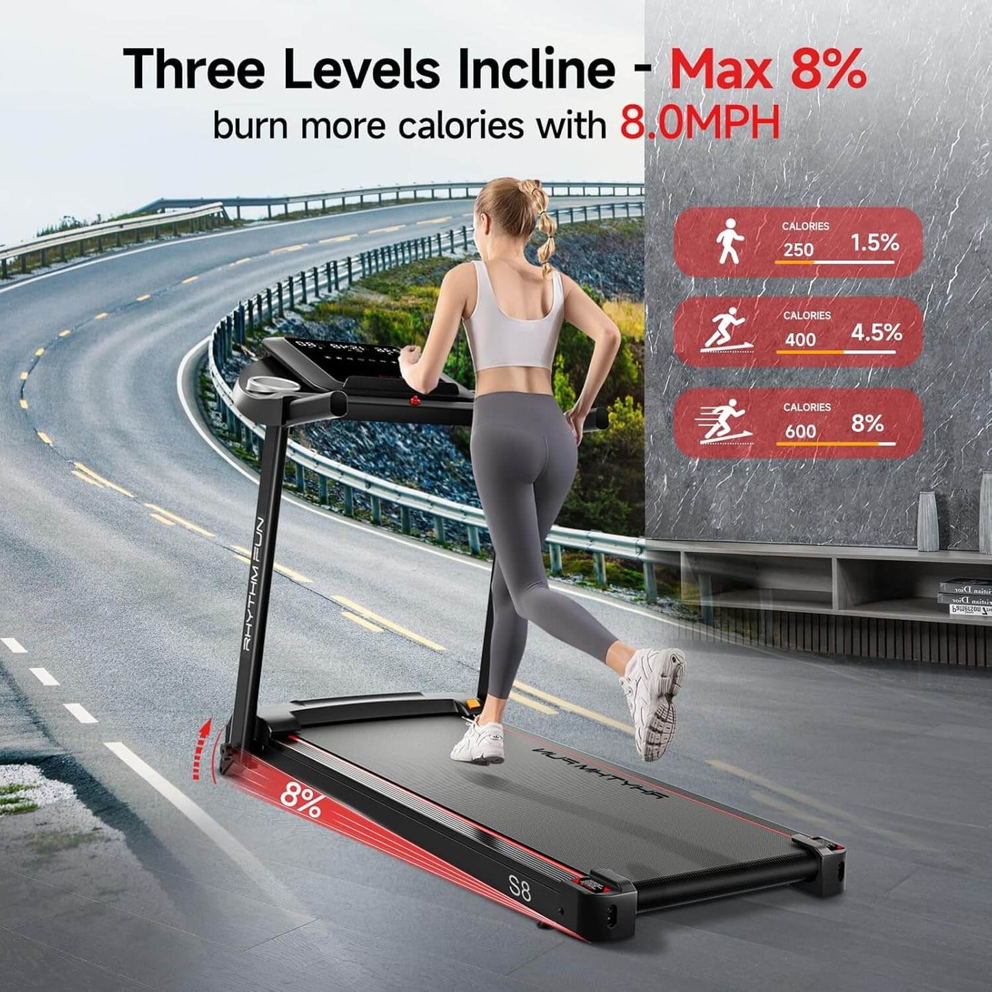 Person using a rhythm fun under desk treadmill with incline settings on a road background