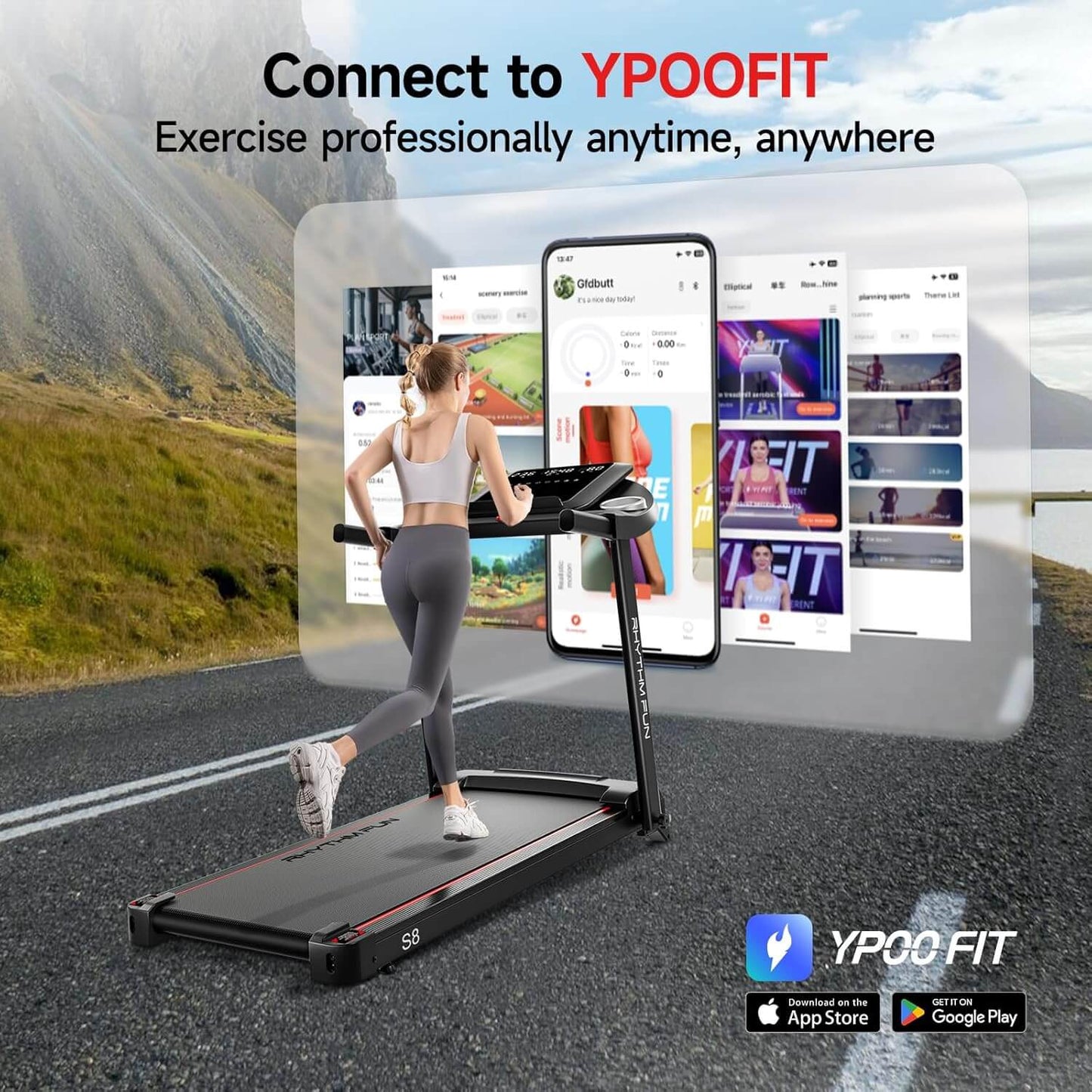 Person using a rhythm fun under desk treadmill with YPOOFIT app interface displayed on screens, set against a mountainous landscape.