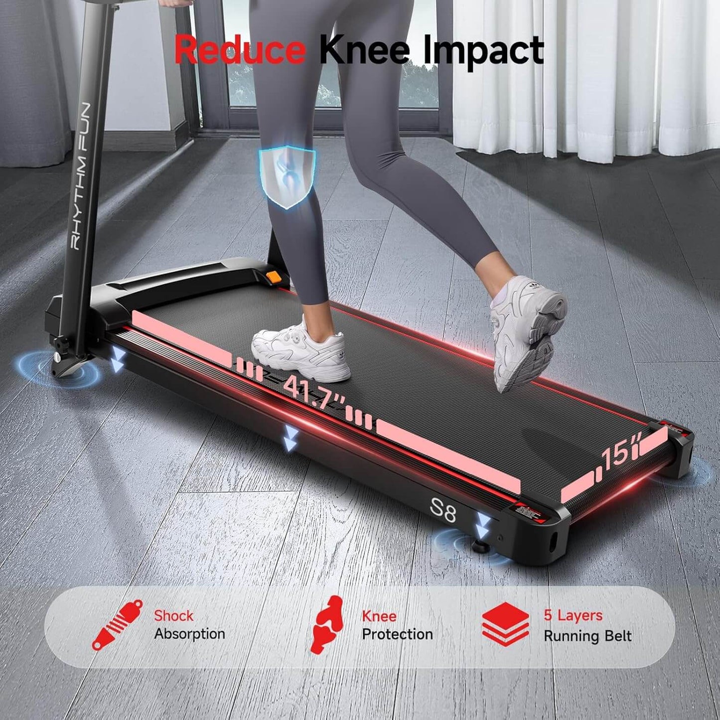 A rhythm fun under desk treadmill with a person using it, highlighting knee impact reduction features.