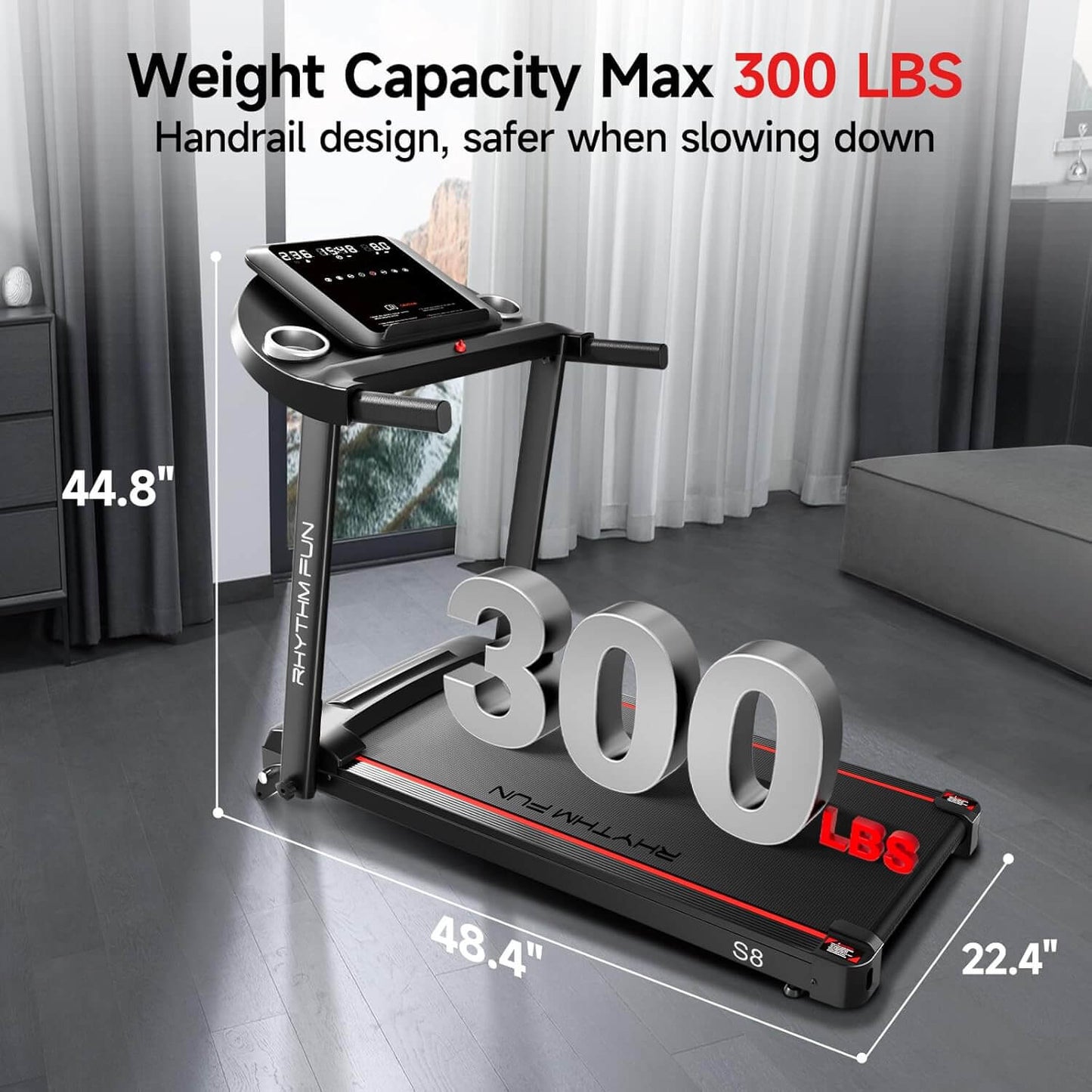 A rhythm fun under desk treadmill with weight capacity display in a room setting