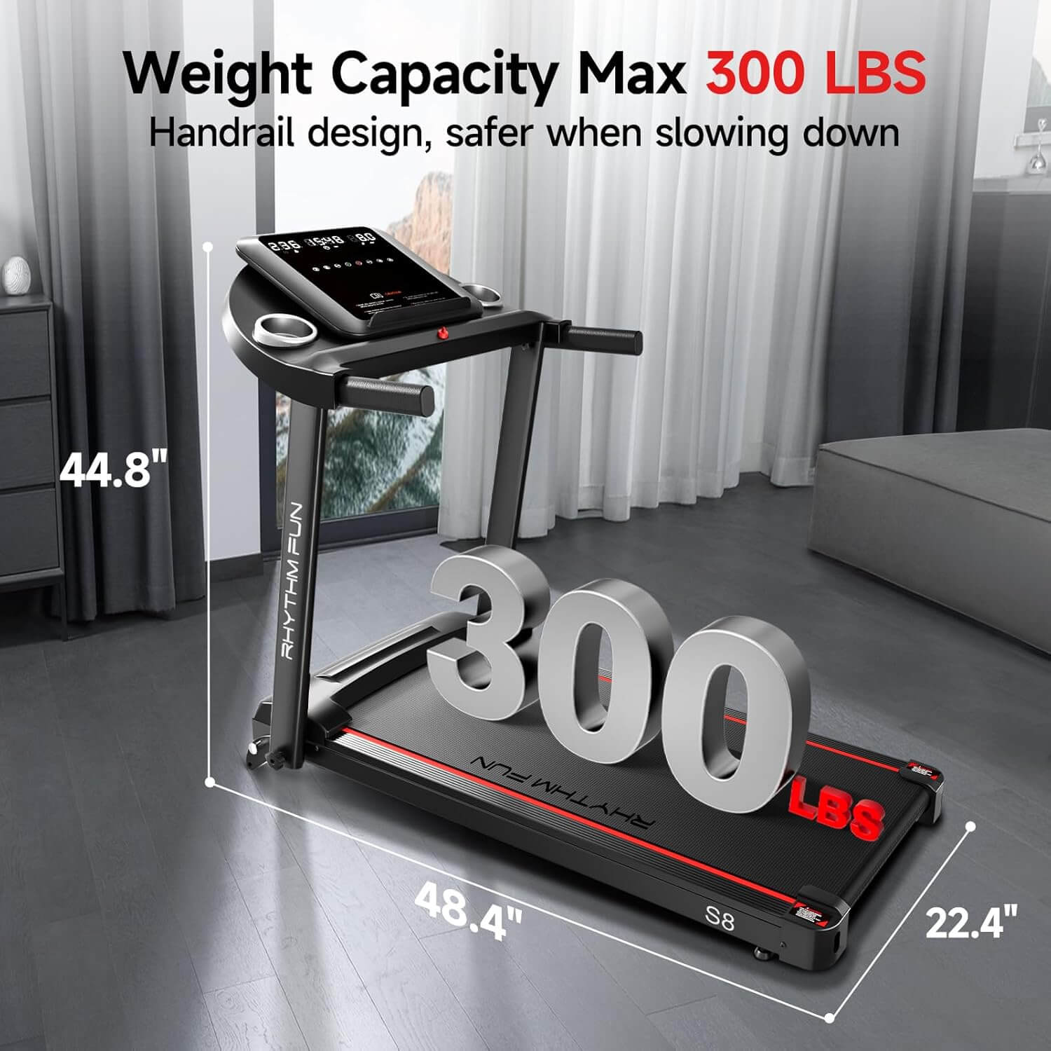 A rhythm fun under desk treadmill with weight capacity display in a room setting