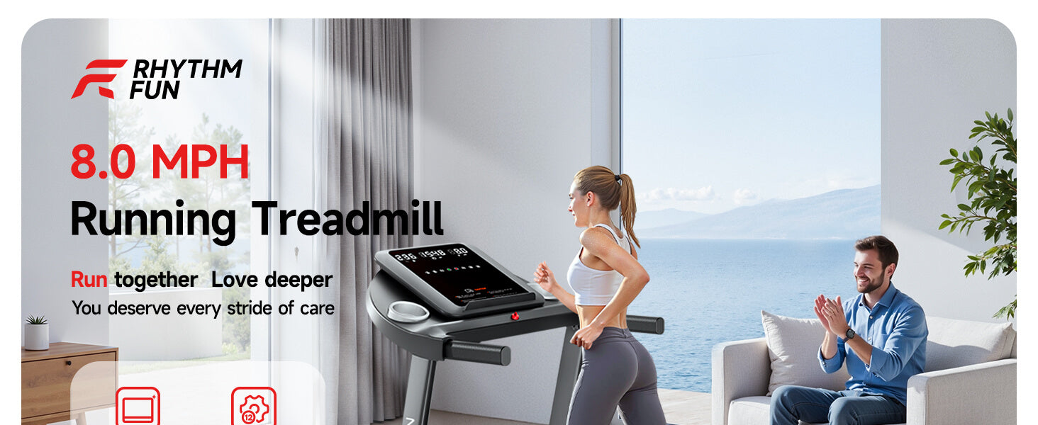 Woman running on a rhythm fun under desk treadmill with a man clapping, set against a scenic background.